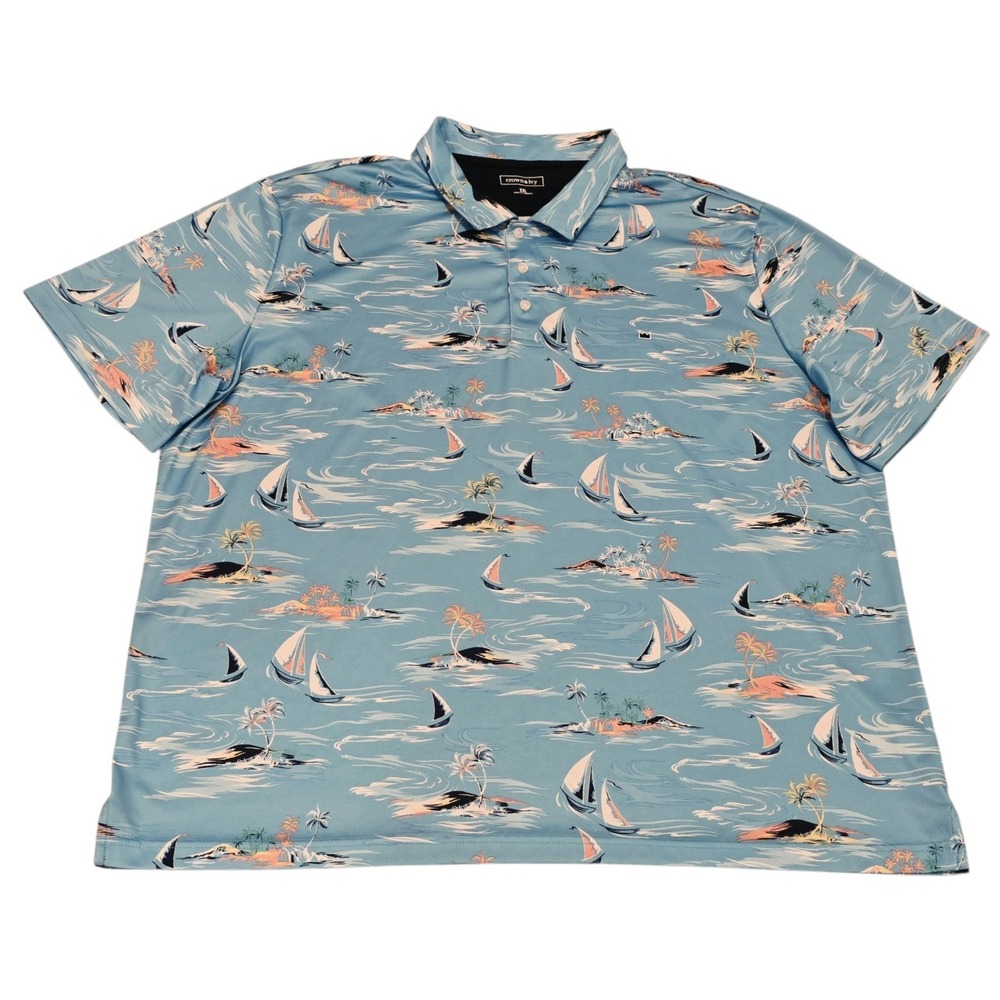 Crown & Ivy Polo Shirt Mens XXL Blue Sailboat Tropical Island Hawaiian Golf